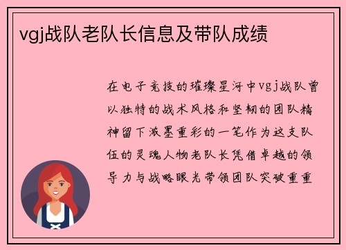 vgj战队老队长信息及带队成绩