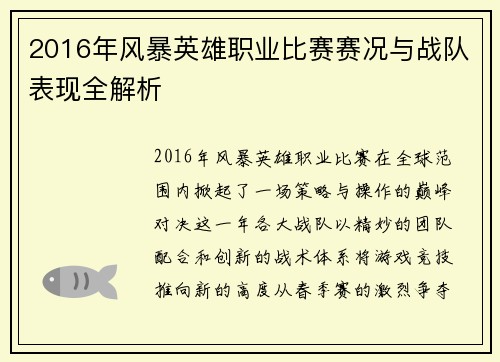 2016年风暴英雄职业比赛赛况与战队表现全解析
